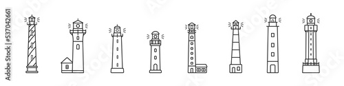 Lighthouse icon set. Concept of safety. Tower signs. Hope symbol.