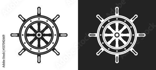 Ship steering wheel icon. Direction control signs. Navigation symbol.  Concept of vintage vessel, logo. Emblem of wooden helm.