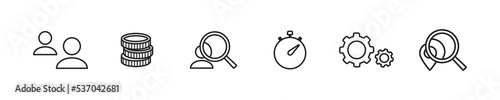 Business elements icon set. Staff, coins, timer, gear, search, location, adress signs. Communication concpept. Finance savings symbol.