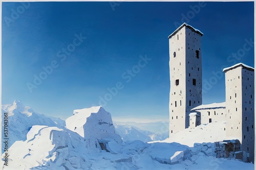 Panoramic view on Medieval towers covered with snow in Mestia in the Caucasus Mountains, Upper Svaneti, Georgia.