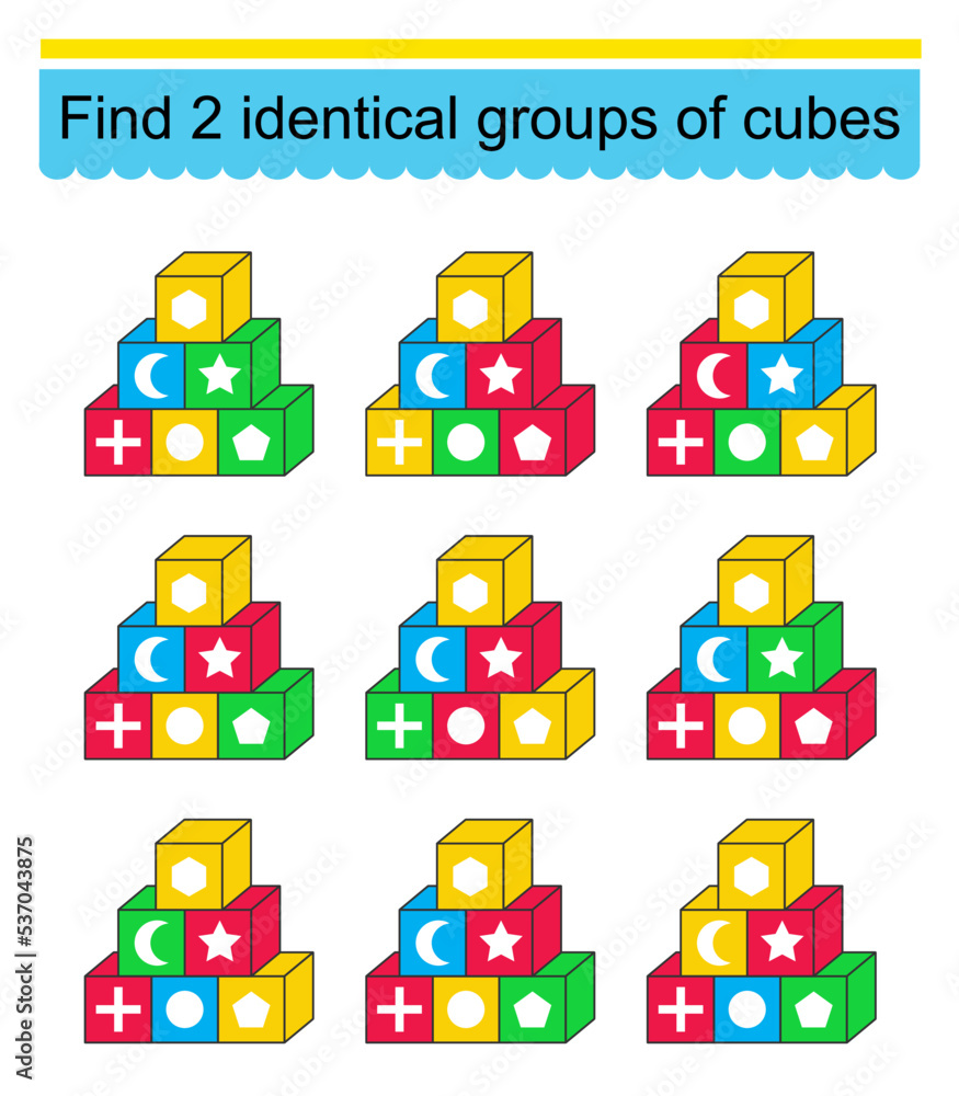 Puzzle game for kids. Need to find two identical groups of cubes. Task for development of attention and logic. Vector illustration