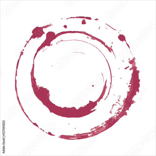 Red wine stain vector illustration. Isolated burgundy circle on white background. Wine glass leaving a red mark on an empty background. Liquid being spilled. Vintage dirty, decorative label. Winery.