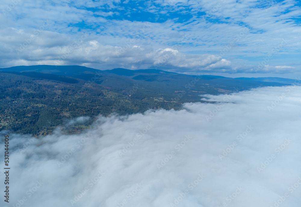 Aerial view of a layer of fog on the ground