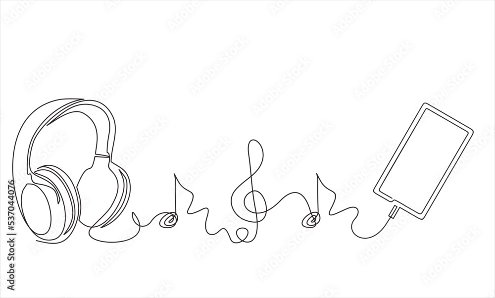 Continuous one line drawing of Phone, headphones and heart. Love music concept. Vector illustration. Continuous one line drawing of Phone, headphones and heart. Love music concept. Vector illustration.