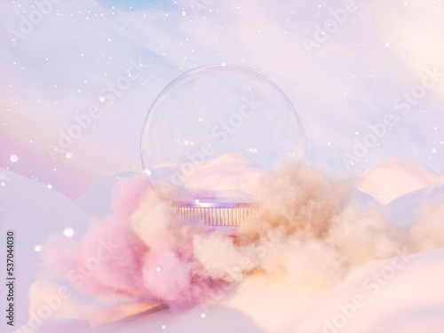 Abstract winter Christmas background with empty crystal snow globe. 3d rendering.