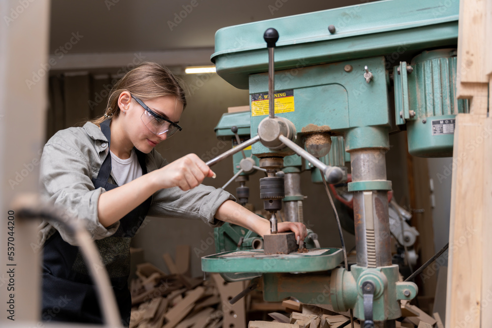 Portrait of a female carpenter using tools for making furniture in a furniture factory. with modern tools Portrait of a female carpenter using tools for making furniture in a furniture factory. with modern tools