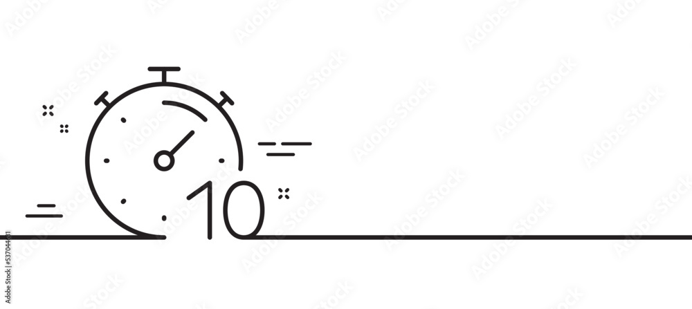 Timer 10 minutes line icon. Stopwatch time sign. Countdown clock symbol. Minimal line illustration background. Timer line icon pattern banner. White web template concept. Vector Timer 10 minutes line icon. Stopwatch time sign. Countdown clock symbol. Minimal line illustration background. Timer line icon pattern banner. White web template concept. Vector