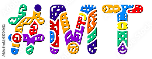MT Hashtag. Multicolored bright isolate curves doodle letters. Hashtag #MT is abbreviation for the US American state Montana for social network, web resources, mobile apps.