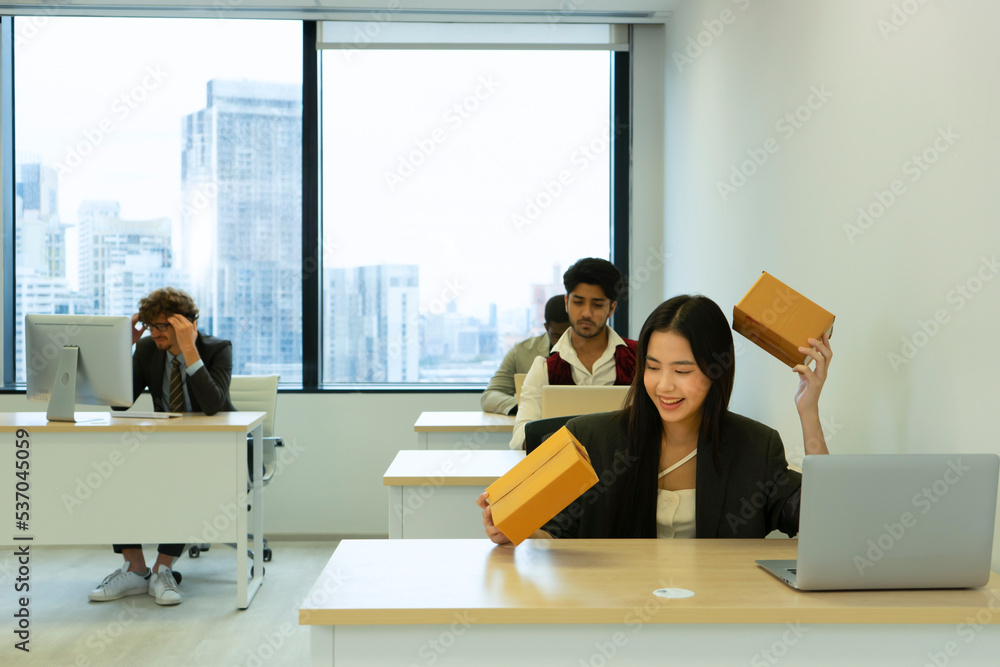 beautiful employee checks a parcel box before delivery while working in the office, concept logistic business beautiful employee checks a parcel box before delivery while working in the office, concept logistic business