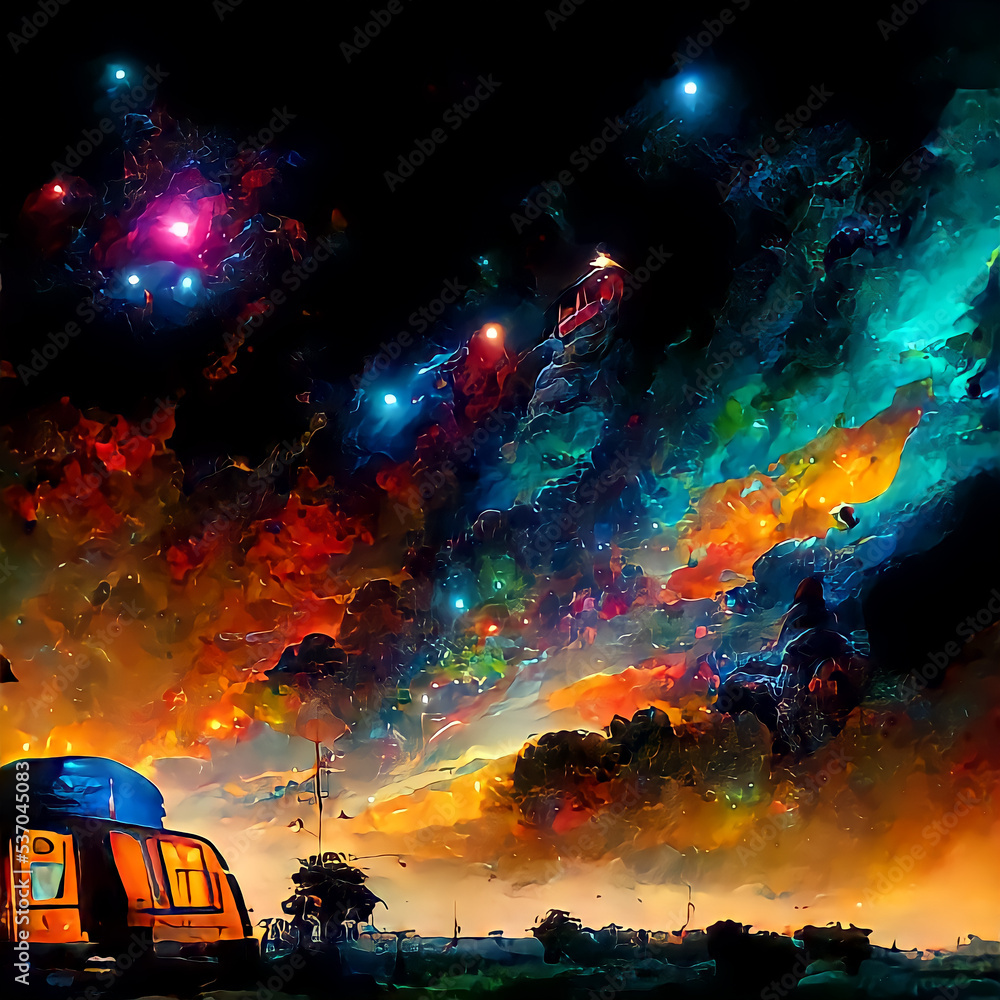 Obraz premium Brightly-colored Romany caravan in space with nebulae in the background
