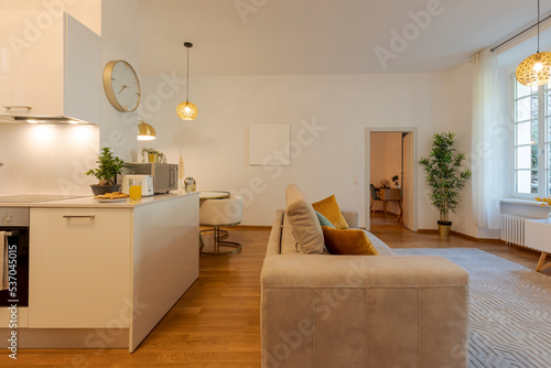 Modern open space in elegant apartment. There is the kitchen with breakfast ready to be tasted, a sofa and large bright windows photo