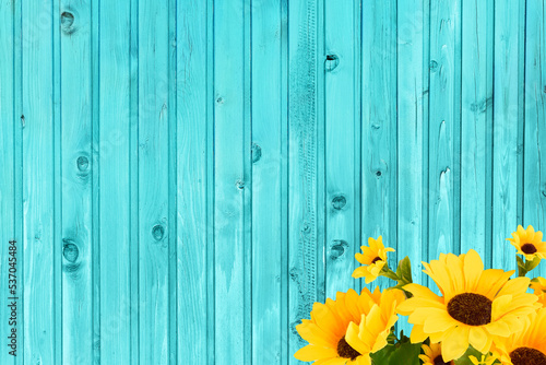 Fototapeta Naklejka Na Ścianę i Meble -  Blue Wooden textured template background with sunflower border. Floral farmhouse backdrop mockup..