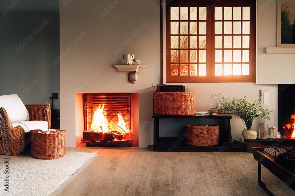Fototapeta premium Wicker baskets with firewood and white fireplace in cozy living room