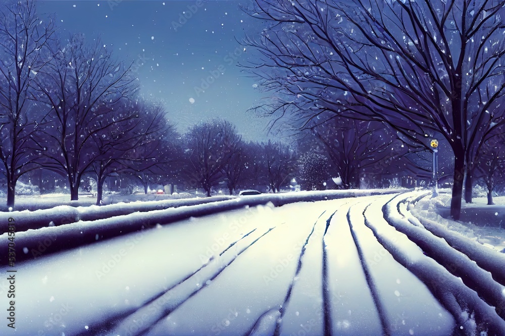 Heavy snowfall covered roads and cars. The car in the parking lot is ...