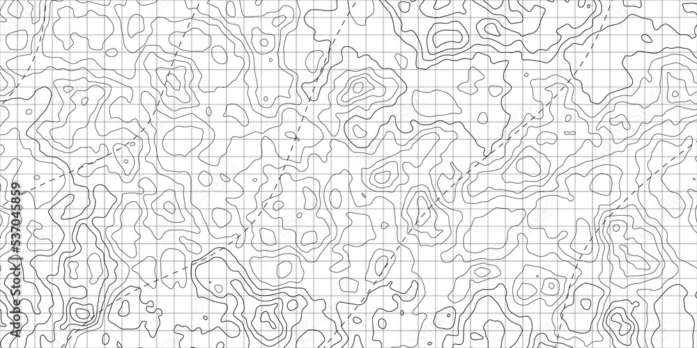 Topographic map background. Geographic abstract patterns grid. The topo contour map with stylized height. Mountain trail terrain, terrain path. Vector illustration.