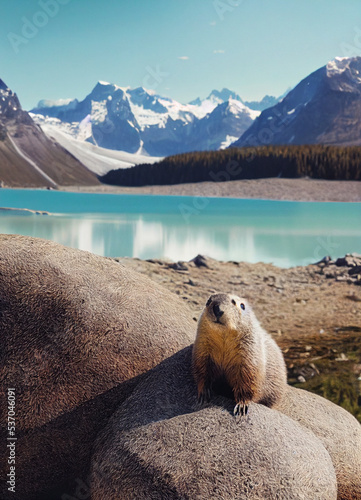 cute fat fluffy marmot sits on the background of the lake and mountains