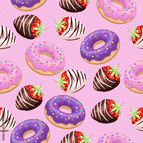 Seamless pattern of pink and purple donuts and chocolate-covered strawberries on a pink background.Vector appetizing pattern for pastry shops, bakeries,textiles,postcards.