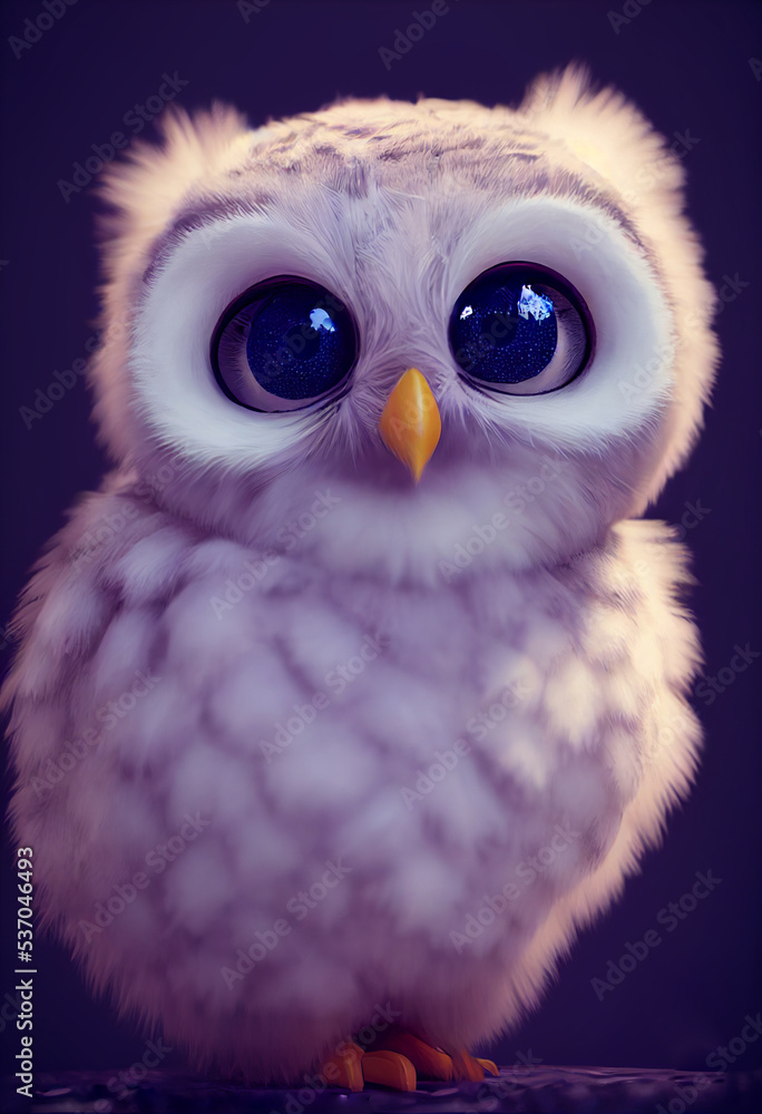 Obraz premium cute fluffy little snowy arctic owl cartoon character, 3d rendering