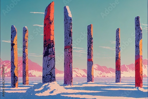 Lake Baikal, Olkhon Island in winter. Wooden ritual pillars with colorful ribbons on cape Burhan or Shamanka rock.