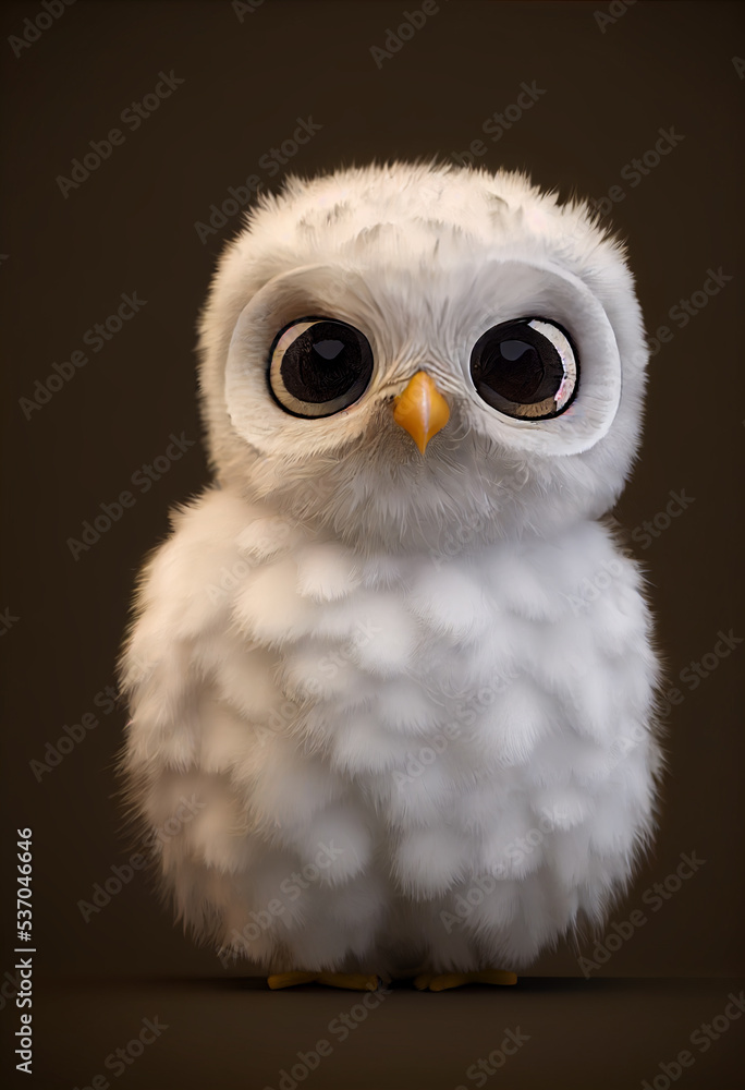 Obraz premium cute fluffy little snowy arctic owl cartoon character, 3d rendering
