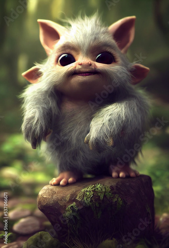 cute fluffy forest troll gremlin cartoon character on forest background, 3d rendering © barinovalena