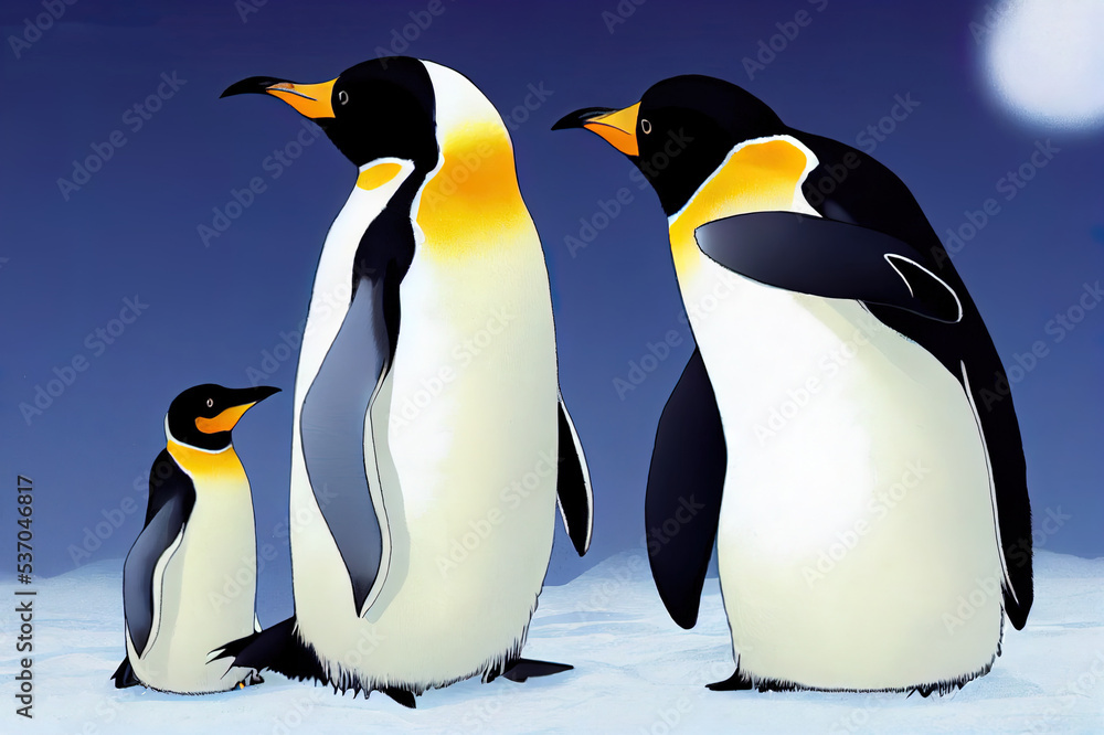 Fototapeta premium an emperor penguin parent is warming its baby an upright penguin with black and white plumage a long beak stands on white icy snows its adorable baby sits on its feet being warmed by its white tummy