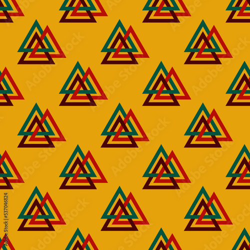 Valknut seamless pattern. Sign valknut in retro color. Scandinavian amulet, symbol god Odin. Vintage design print for wrapping paper, wallpaper, fabric, t shirt. Vector illustration