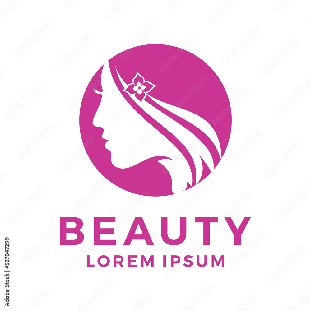 vector illustration logo of beauty woman face with beautiful hair. cosmetic spa salon graphic symbol.