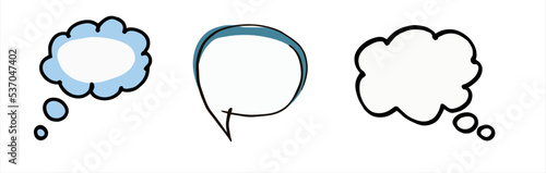 Set of black and white speech bubbles. Vector illustration for cartoon or comics. Funny doodle of speech. Abstract, talk icon. Dialogue bubble element. Hand drawn funny thought. Empty cartoon frame.