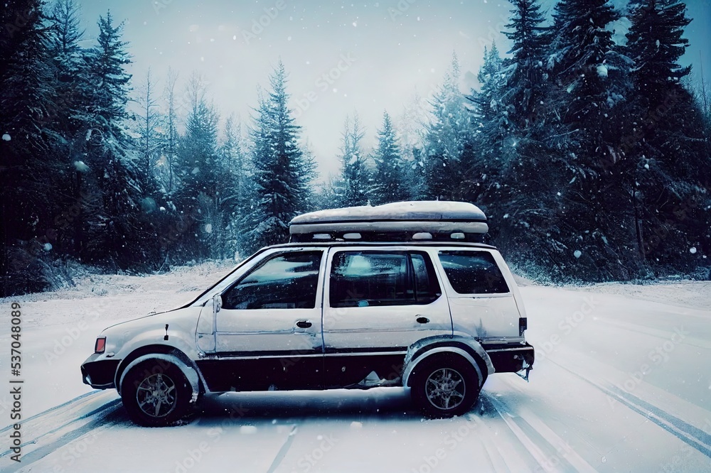 Suv car with rooftop cargo carrier trunk stay on roadside of winter road. Family trip to ski resort. Winter holidays adventure. car on winter road