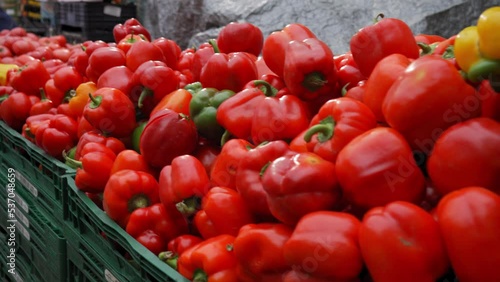 Paprika paprika at street market. Red sweet pepper, bell pepper, bulgarian pepper heap