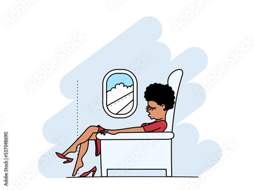 An African girl fell asleep in a VIP class seat on an airplane. Long flight. Flat vector color illustration with outline.