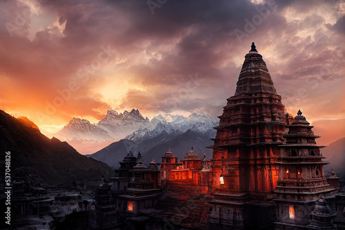 AI generated image of an ancient Hindu temple in the Himalayas. Kedarnath temple in India   © Amith