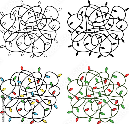 Tangled String of Christmas Lights Clipart - Outline, Silhouette & Color