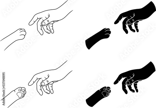 Cat Paw Reaching for Human Hand Clipart - Outline & Silhouette
