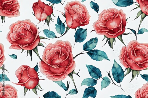 Rose seamless pattern with watercolor.Designed for fabric and wallpaper  vintage style.Hand drawn floral pattern illustration.Blooming flower painting for summer.Botany background.