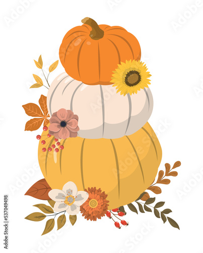 Autumn pumpkins arrangement. Orange, white, and yellow pumpkins with dry forest leaves and seasonal flowers, isolated on white background. Thanksgiving day card template.