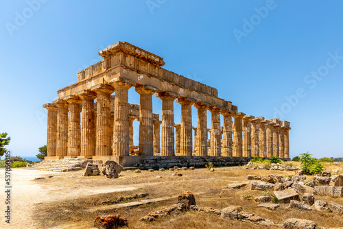 Castelvetrano, Sicily, Italy - July 11, 2020: Ruins in Selinunte, archaeological site and ancient Greek city in Sicily, Italy