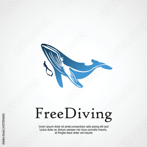 freediving logo design idea, extreme sport activity person swimming with whale illustration 