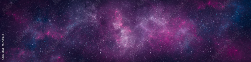 Nebula and stars in night sky web banner. Space background.