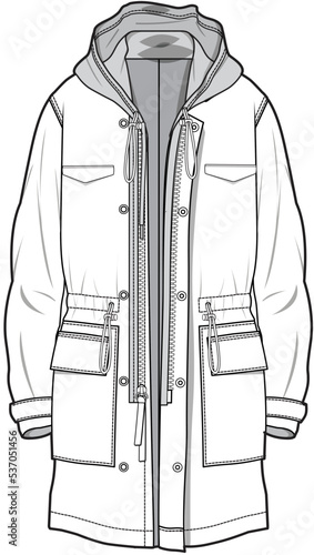 Hoodie Long Parka Jacket Fashion Illustration, Vector, CAD, Technical Drawing, Flat Drawing, Template, Mockup. photo