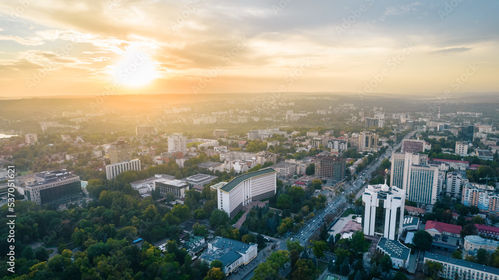 Aerial drone view of Chisinau downtown at sunset, Moldova