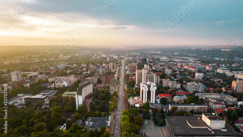 Aerial drone view of Chisinau downtown at sunset  Moldova