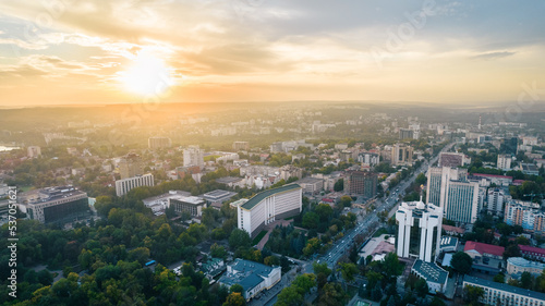 Aerial drone view of Chisinau downtown at sunset, Moldova