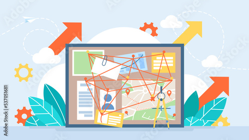Conspiracy theory. Bamboo board with attached evidence, facts. Investigating the connection between events and people. Truth investigation and evidence research community movement. Vector illustration