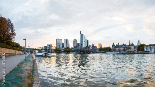 Cityscape of Frankfurt downtown at sunset, Germany