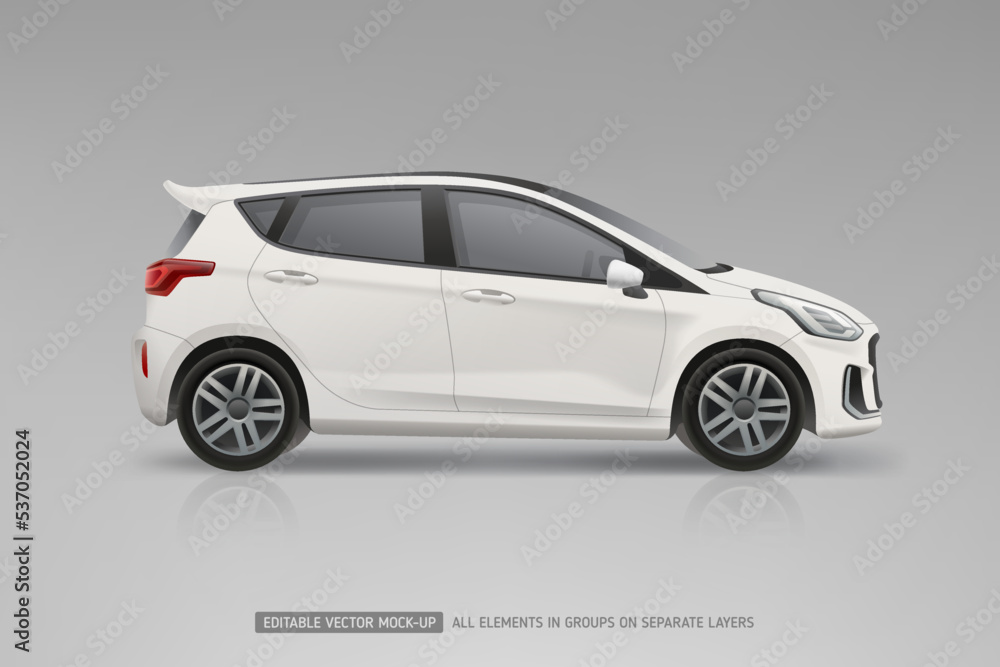 Company Car realistic vector Mockup template. Side view corporate vehicle for Branding and Corporate identity design. White hatchback car isolated on grey background
