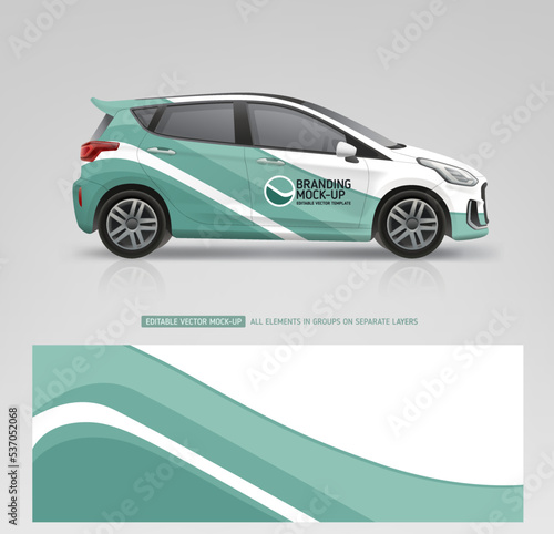 Company Car mockup and branding sticker wrap design. Corporate Car mockup. Branding vehicle graphics. Abstract graphics corporate identity background dsgn for company car. Editable vector template