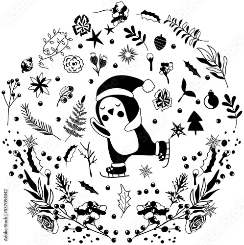 Black and white a cute arctic penguin in a hat on skates, winter wreath, leaves, berries, garland. Concept Christmas and New Year. Composition perfect for greeting cards, poster, postcard, banner