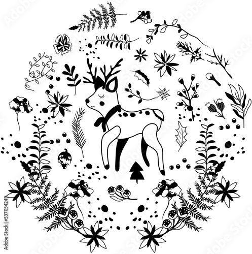 Black and white a cute reindeer in a scarf in a winter wreath  winter berries and leaves  garland and other. Scandinavian animal.Perfect for greeting cards  posters  flyers  banners.Vector